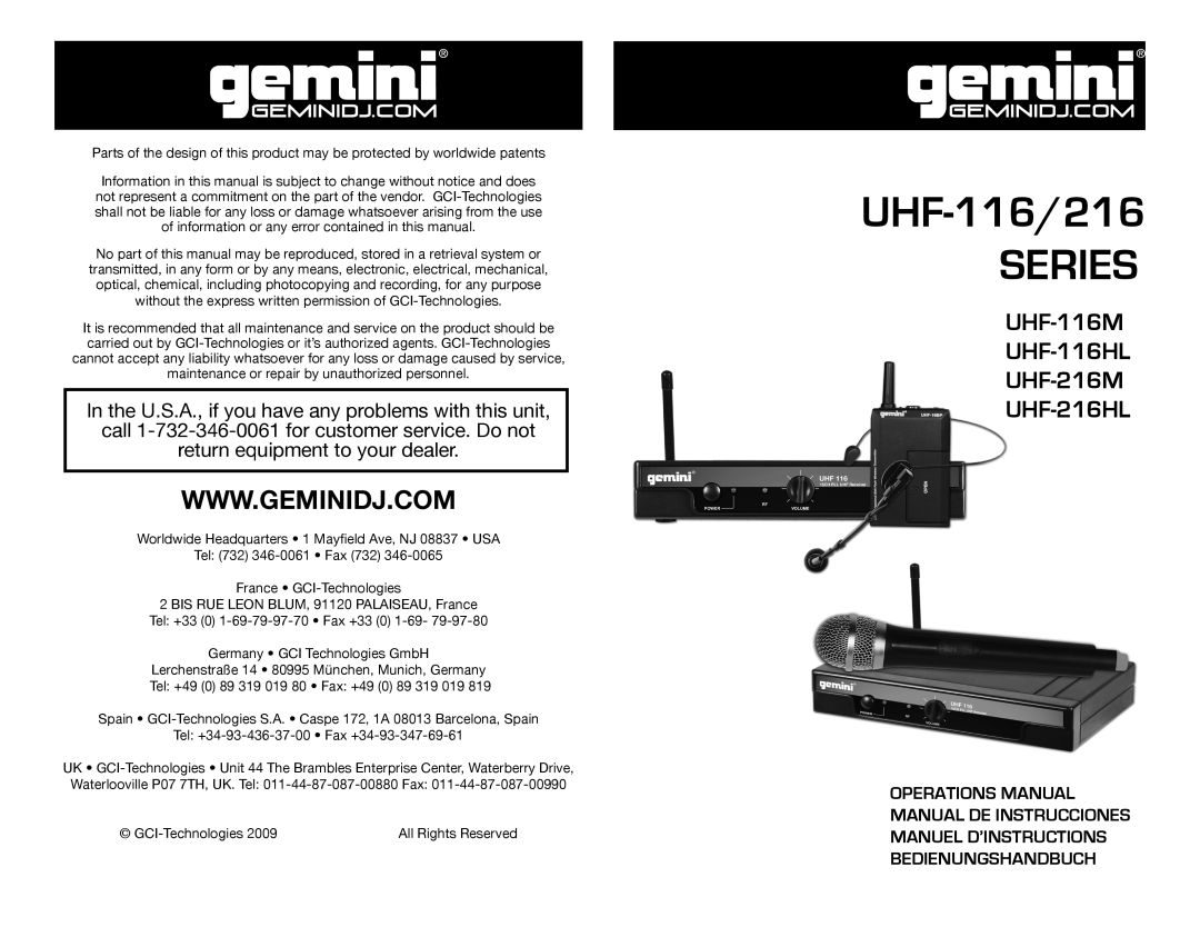 Gemini UHF-216HL, UHF-216M, UHF-116M, UHF-116HL manual Series 