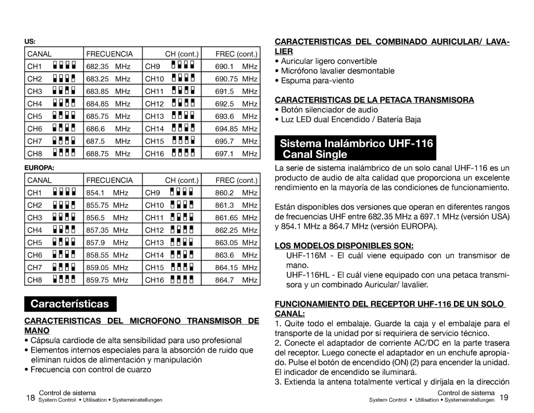 Gemini UHF-116M, UHF-216M, UHF-216HL, UHF-116HL manual Características, Sistema Inalámbrico UHF-116 Canal Single 