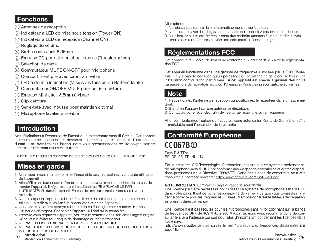 Gemini UHF-216HL, UHF-216M, UHF-116M, UHF-116HL manual Fonctions, Mises en garde, Réglementations FCC, Conformité Européenne 