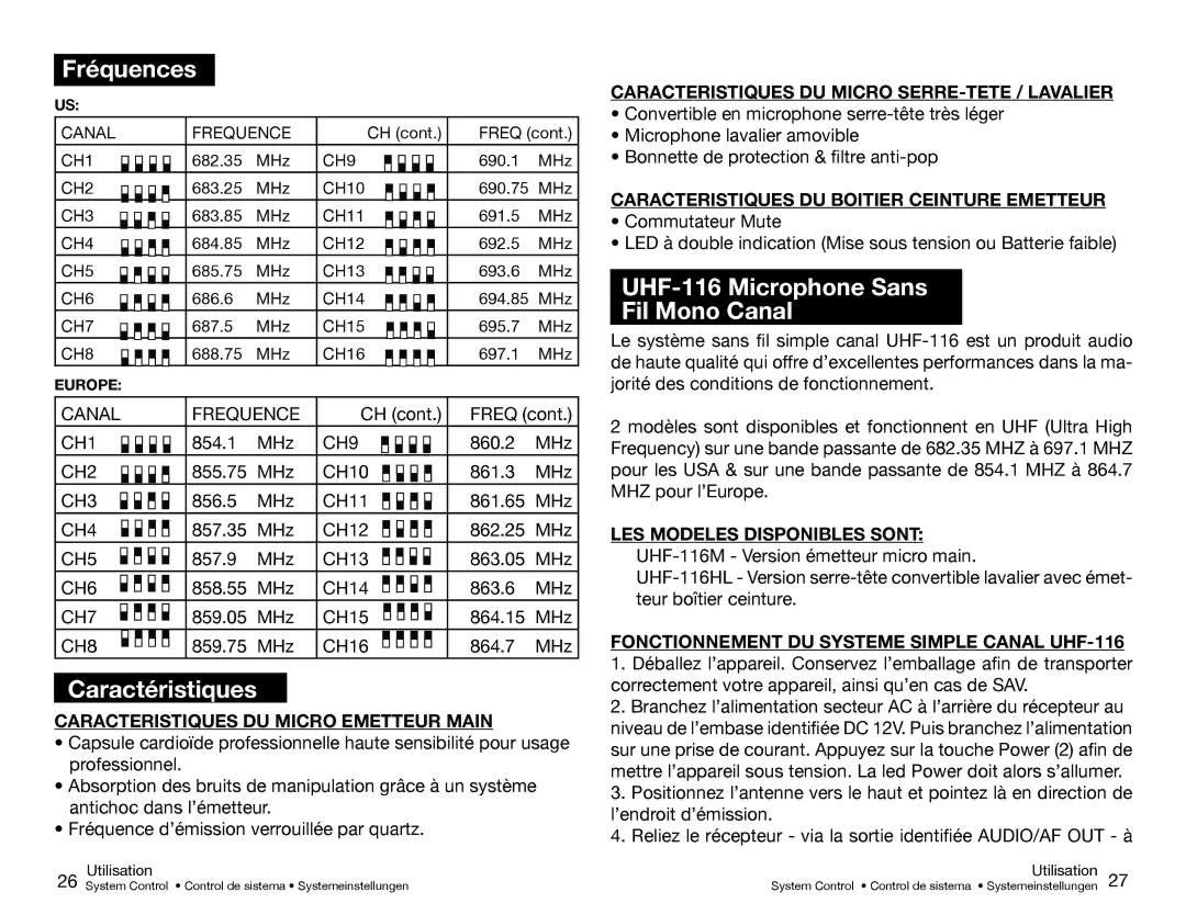 Gemini UHF-116M, UHF-216M, UHF-216HL, UHF-116HL manual Fréquences, Caractéristiques, UHF-116 Microphone Sans Fil Mono Canal 