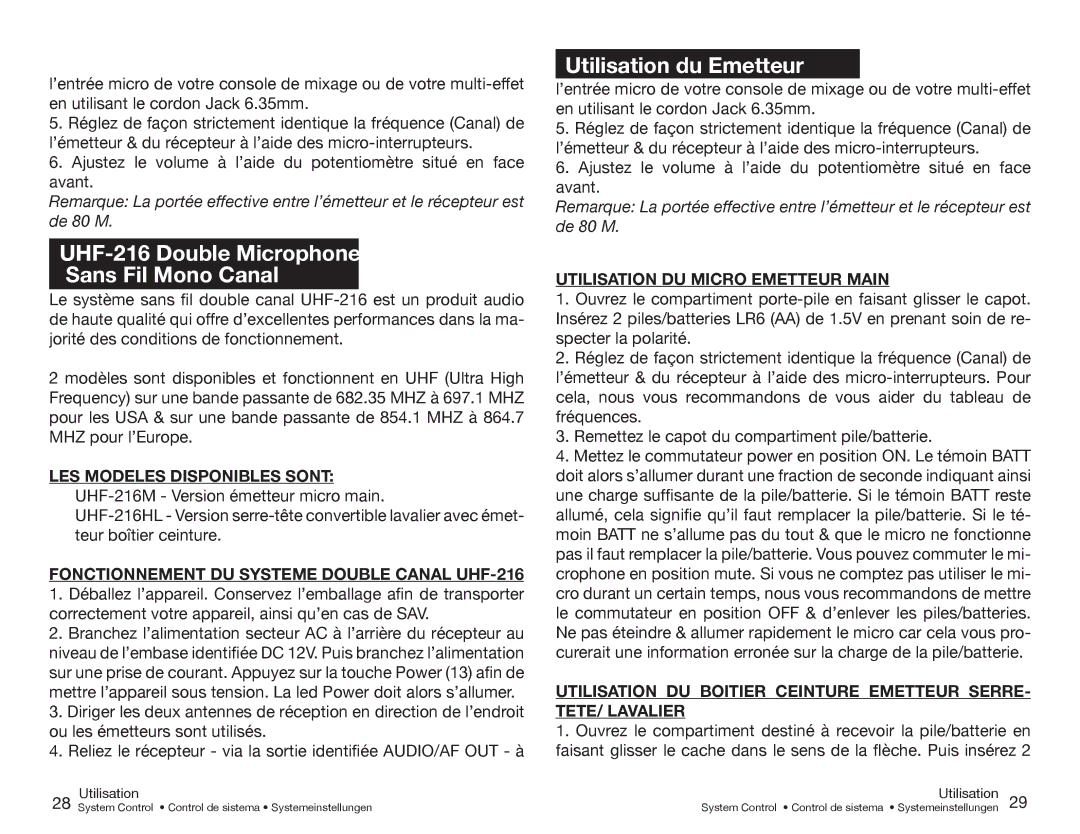 Gemini UHF-116HL, UHF-216M, UHF-216HL, UHF-116M manual UHF-216 Double Microphone Sans Fil Mono Canal, Utilisation du Emetteur 