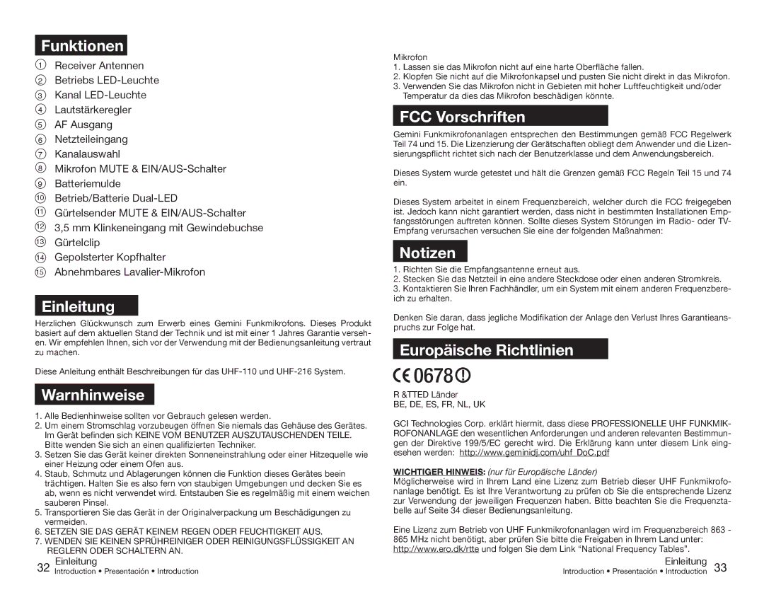 Gemini UHF-216HL, UHF-216M manual Funktionen, Einleitung, Warnhinweise, FCC Vorschriften, Notizen, Europäische Richtlinien 