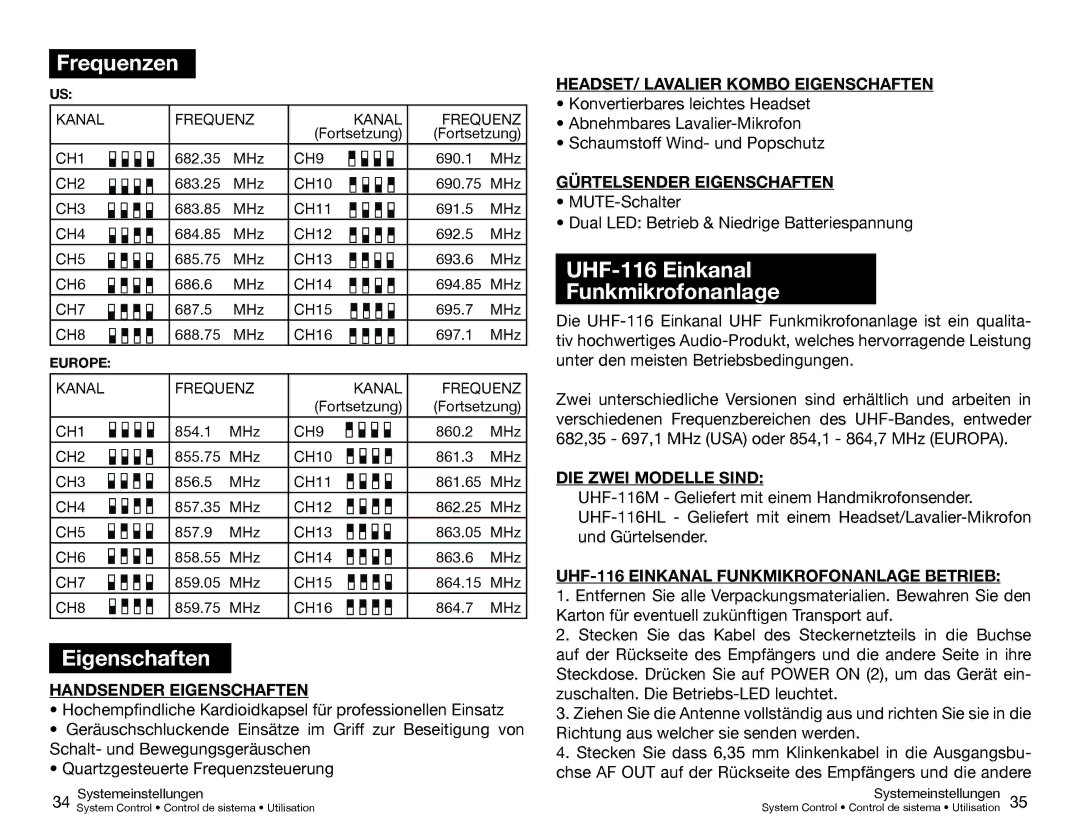 Gemini UHF-116M, UHF-216M, UHF-216HL, UHF-116HL manual Frequenzen, Eigenschaften, UHF-116 Einkanal Funkmikrofonanlage 