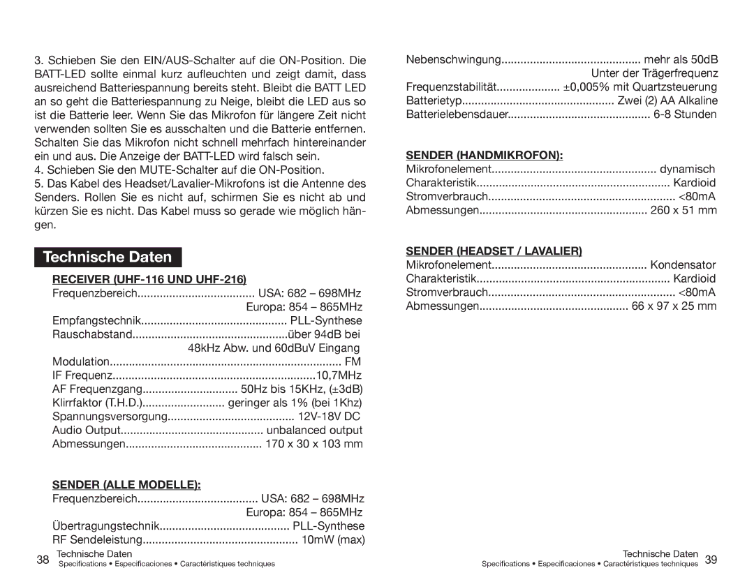 Gemini UHF-216M, UHF-216HL Technische Daten, Receiver UHF-116 UND UHF-216, Sender Alle Modelle, Sender Headset / Lavalier 