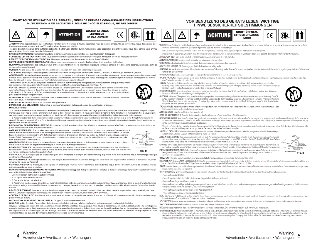 Gemini UHF-116HL, UHF-216M, UHF-216HL, UHF-116M manual Avertissement Warnungen 