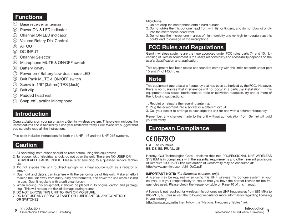 Gemini UHF-216HL, UHF-216M, UHF-116M, UHF-116HL manual Functions, Introduction, FCC Rules and Regulations, European Compliance 