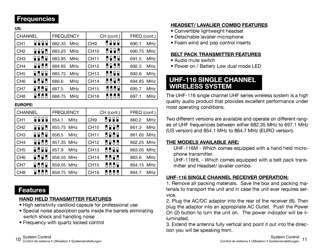 Gemini UHF-116M, UHF-216M, UHF-216HL, UHF-116HL manual Frequencies, Features, UHF-116 Single Channel Wireless System 