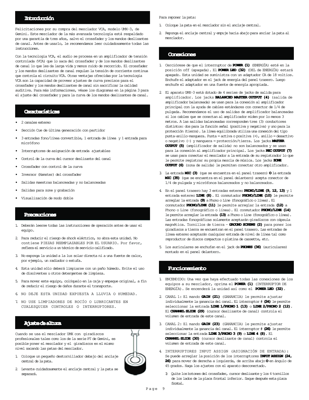 Gemini UMX-3 manual Introducción, Características, Precauciones, Conexiones, Funcionamiento, Ajustedealtura 