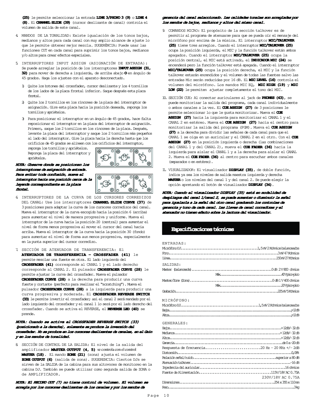 Gemini UMX-7 manual Especificacionestécnicas, Entradas, Salidas, Micrófono, Generales 