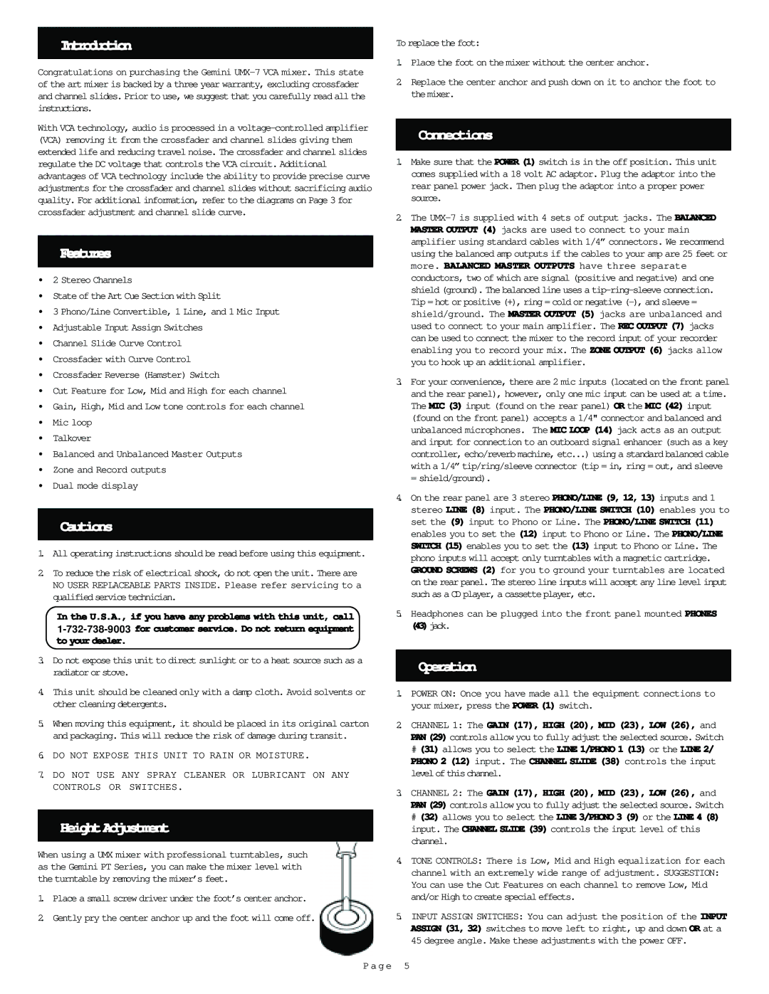 Gemini UMX-7 manual Introduction, Features, HeightAdjustment, Connections, Operation 