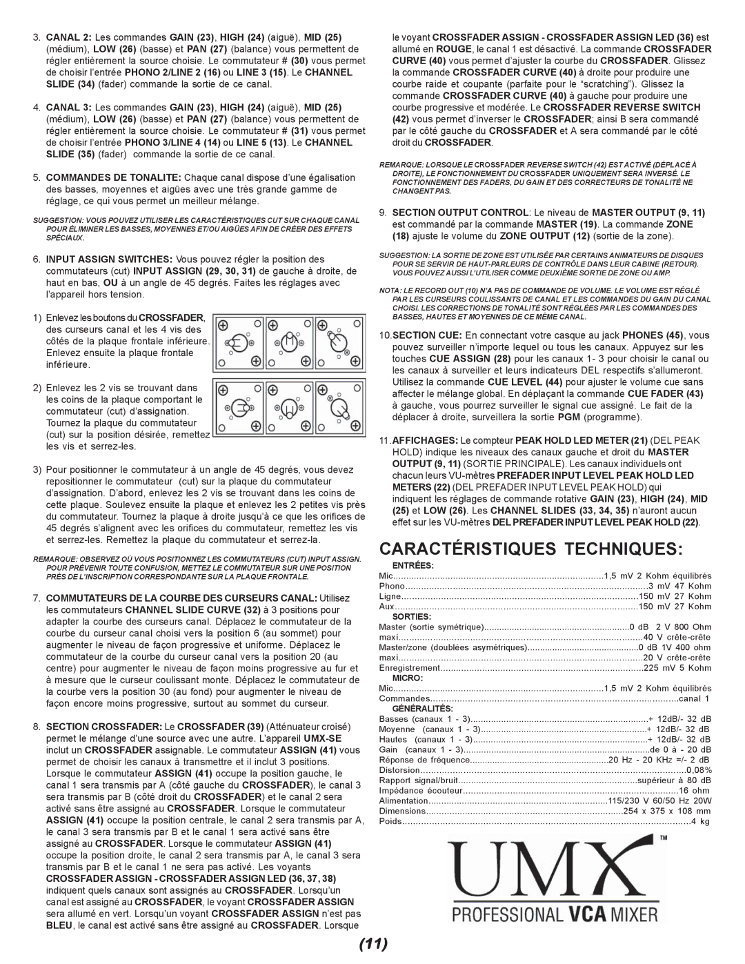 Gemini UMX-SE manual Caractéristiques Techniques, Sorties 