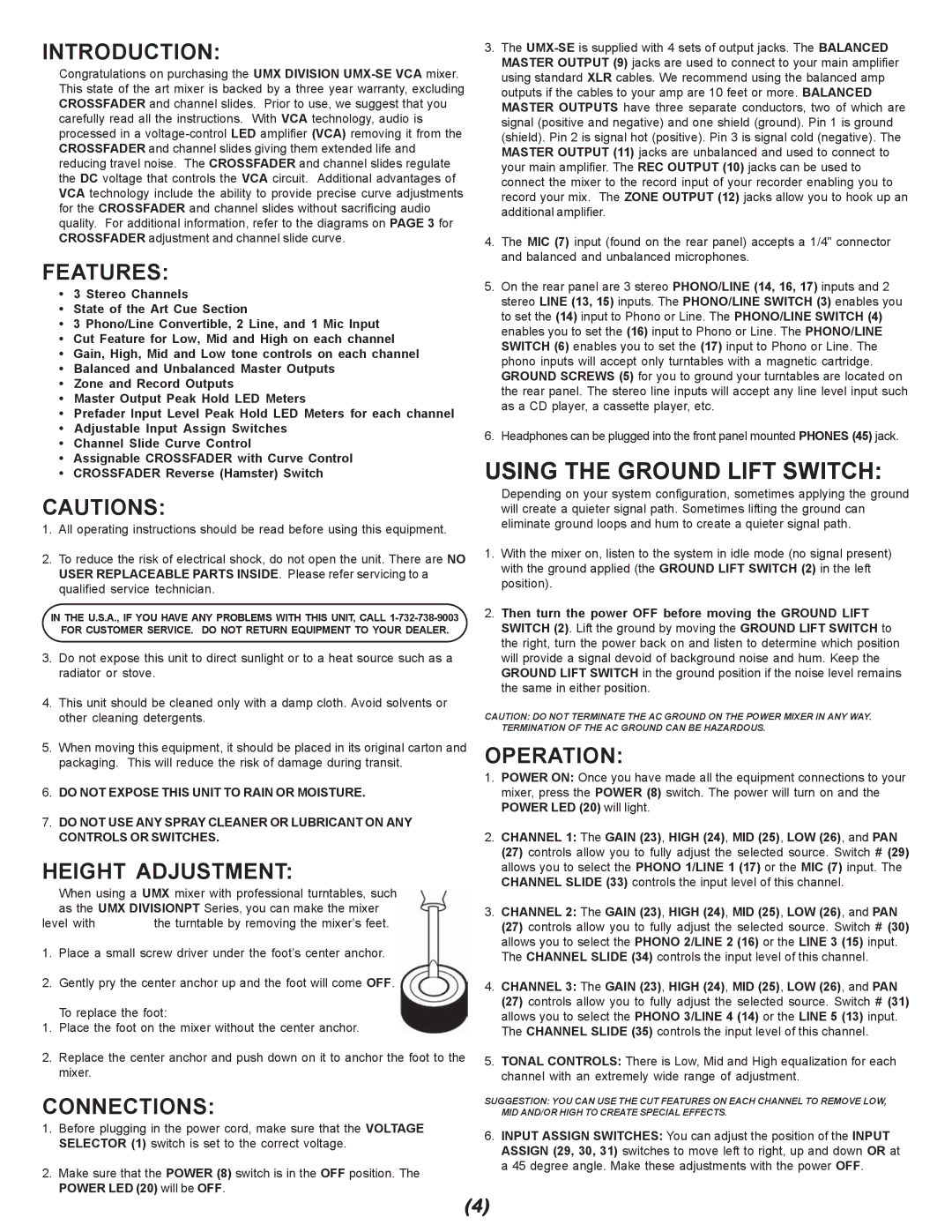 Gemini UMX-SE manual Introduction, Features, Height Adjustment, Connections, Operation 