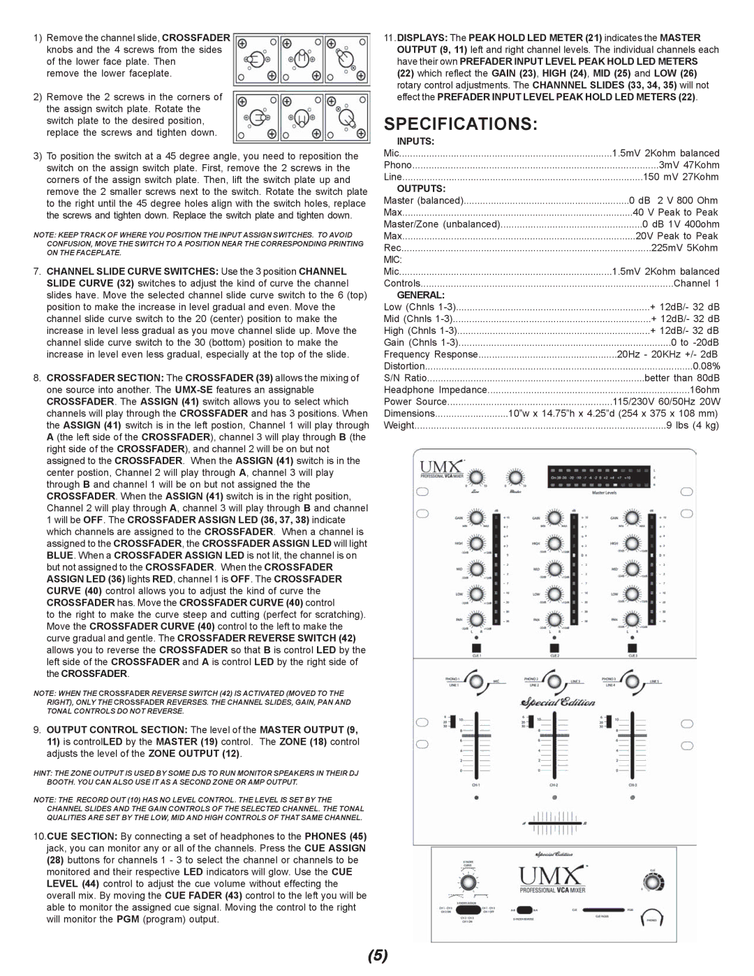 Gemini UMX-SE manual Specifications, Output Control Section The level of the Master Output 