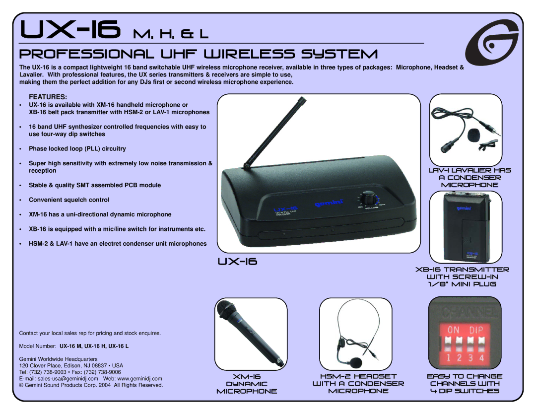 Gemini UX-16L, UX-16 H manual UX-I6m, H, & L PRofessional UHF wireless system, UX-i6, Features, Microphone 