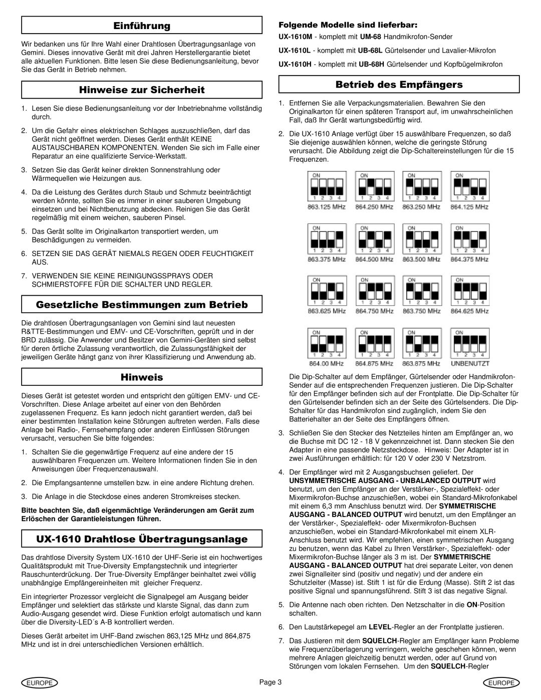 Gemini UX-1610 manual Einführung, Hinweise zur Sicherheit, Betrieb des Empfängers, Gesetzliche Bestimmungen zum Betrieb 