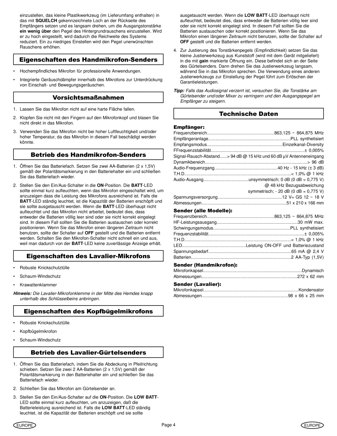 Gemini UX-1610 manual Eigenschaften des Handmikrofon-Senders, Vorsichtsmaßnahmen, Betrieb des Handmikrofon-Senders 