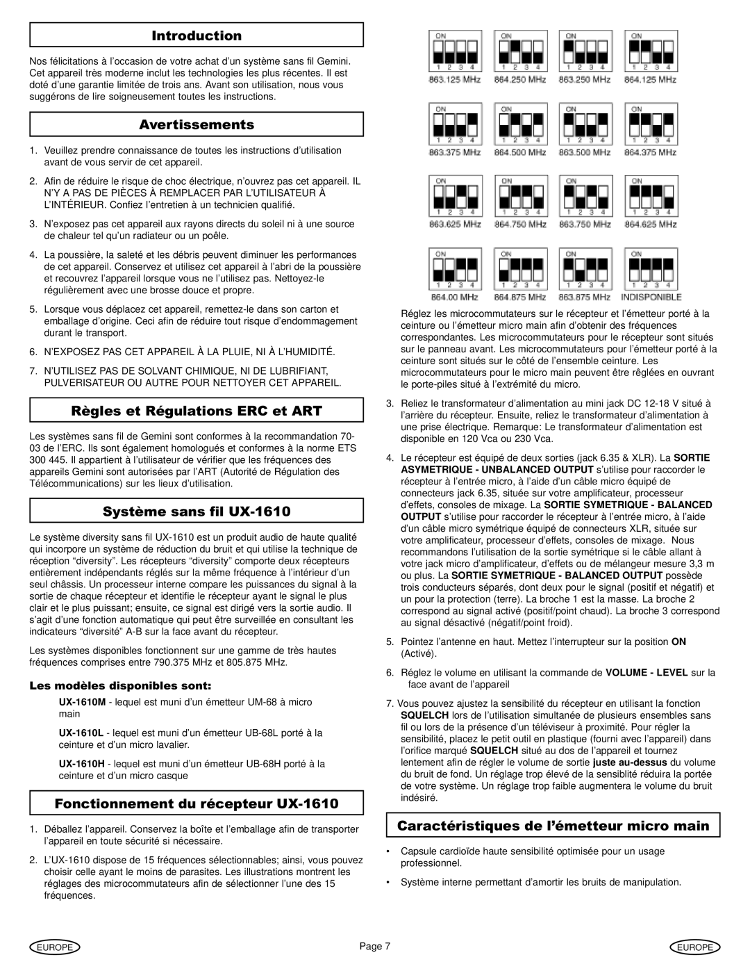 Gemini UX-1610 manual Introduction, Règles et Régulations ERC et ART 