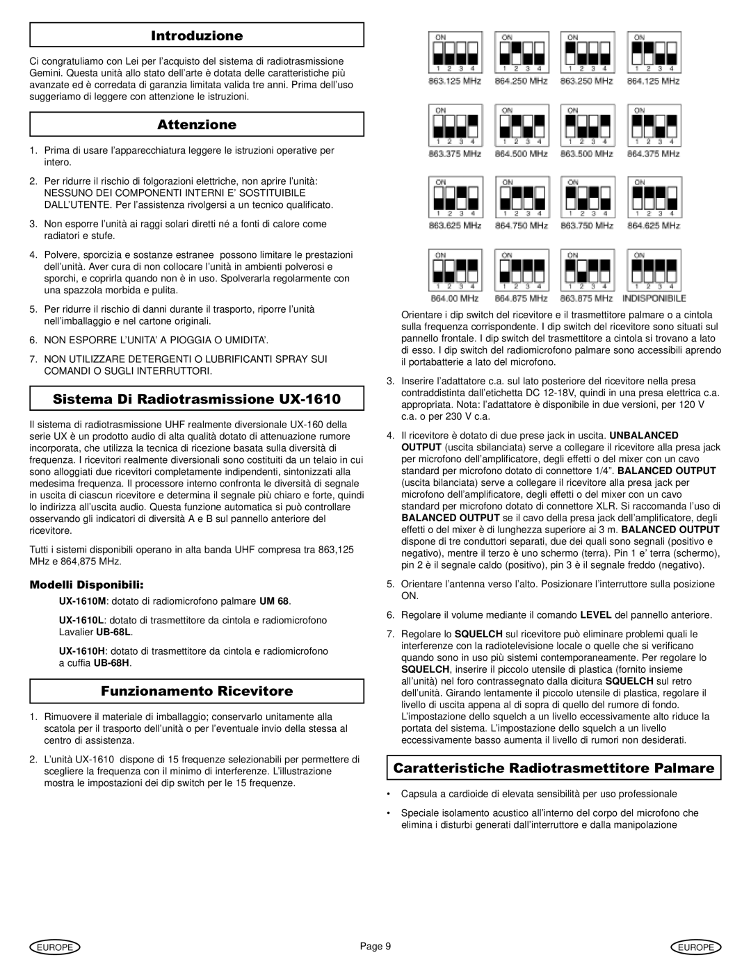 Gemini manual Introduzione, Attenzione, Sistema Di Radiotrasmissione UX-1610, Funzionamento Ricevitore 