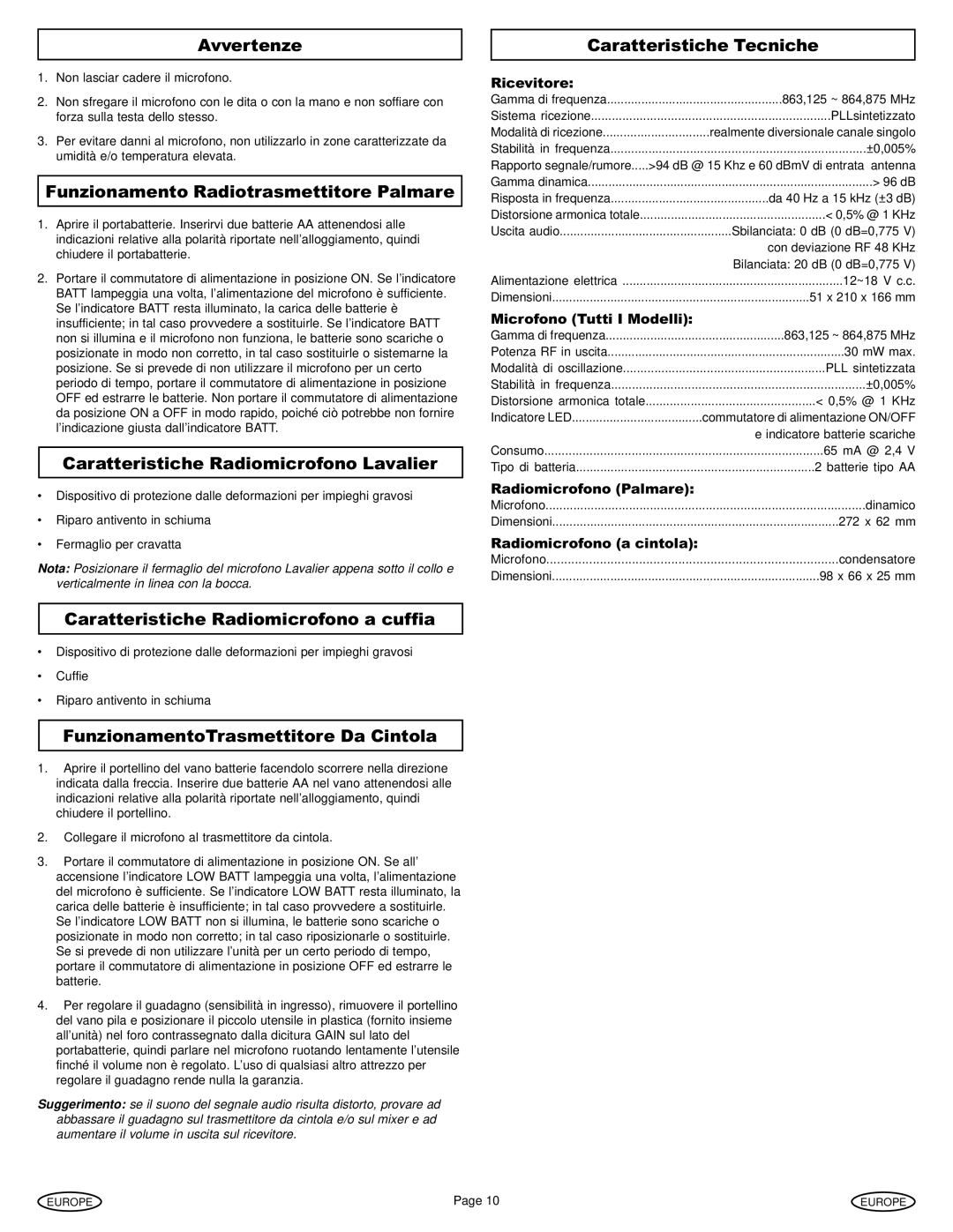 Gemini UX-1610 manual Avvertenze Caratteristiche Tecniche, Funzionamento Radiotrasmettitore Palmare 