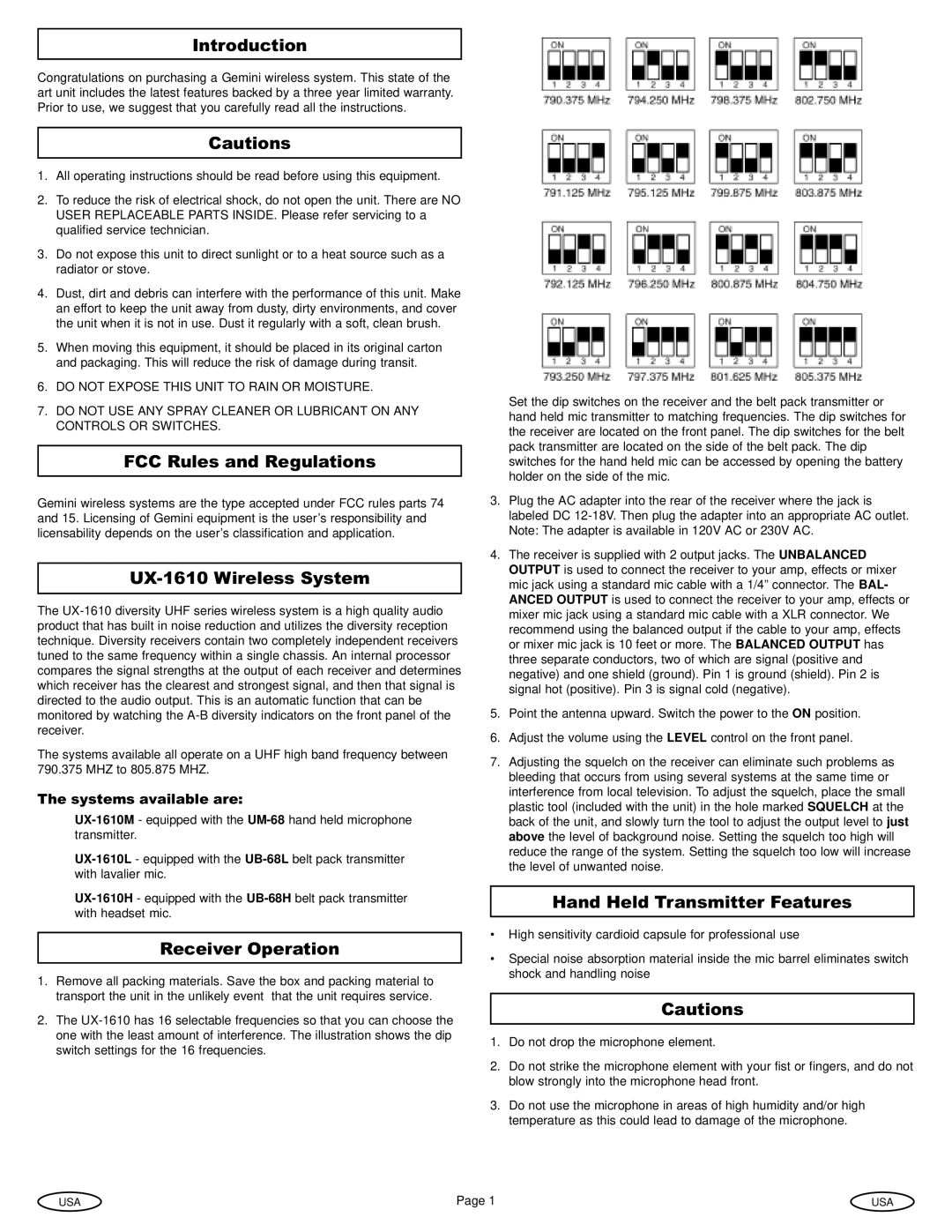 Gemini manual Introduction, FCC Rules and Regulations, UX-1610 Wireless System, Receiver Operation 