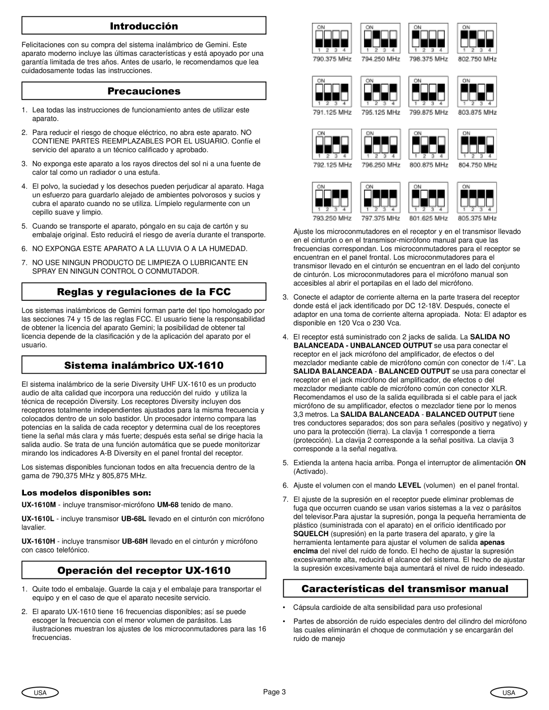 Gemini manual Introducción, Precauciones, Reglas y regulaciones de la FCC, Sistema inalámbrico UX-1610 