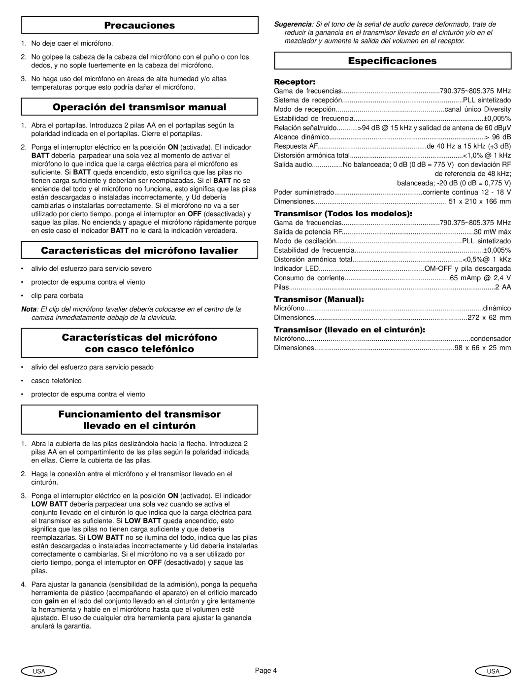 Gemini UX-1610 Operación del transmisor manual, Características del micrófono lavalier, Especificaciones 