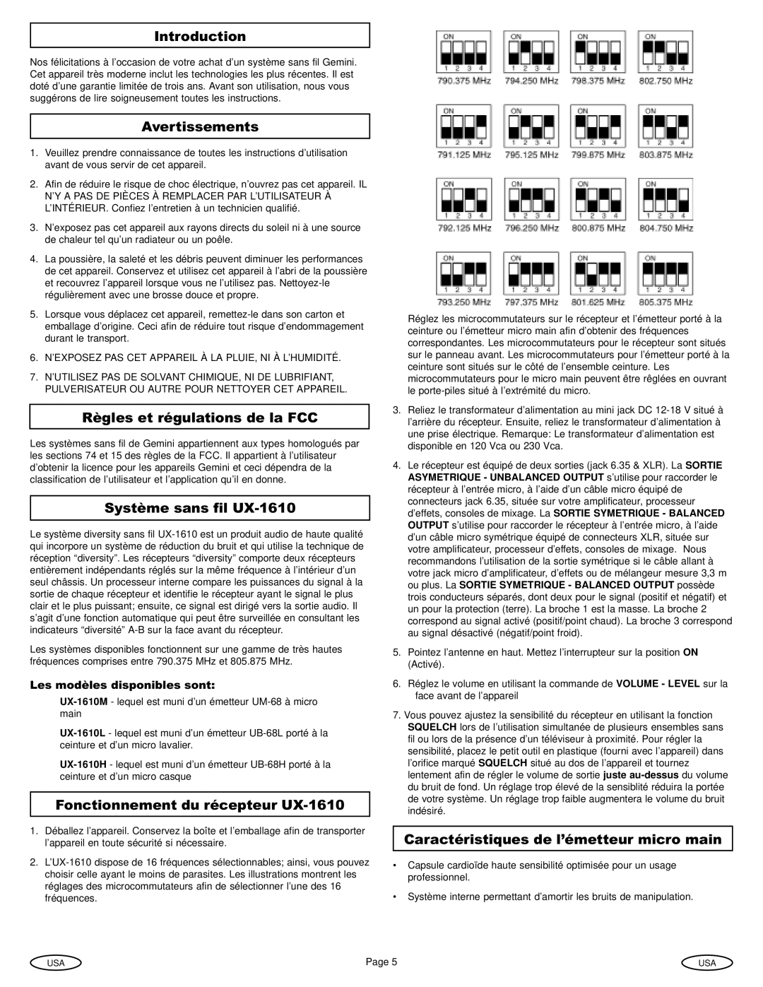 Gemini Avertissements, Règles et régulations de la FCC, Système sans fil UX-1610, Fonctionnement du récepteur UX-1610 