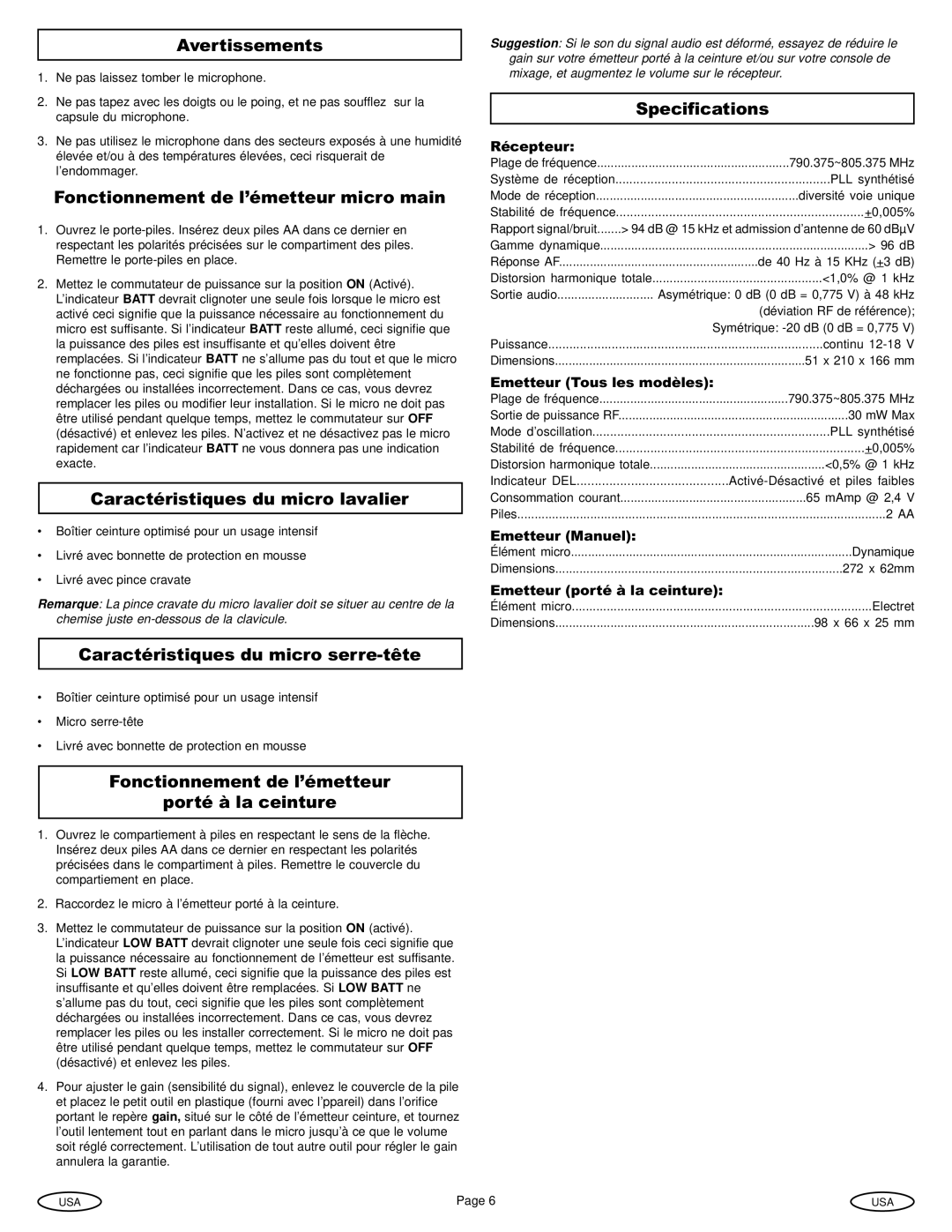 Gemini UX-1610 manual Fonctionnement de l’émetteur micro main, Caractéristiques du micro lavalier 