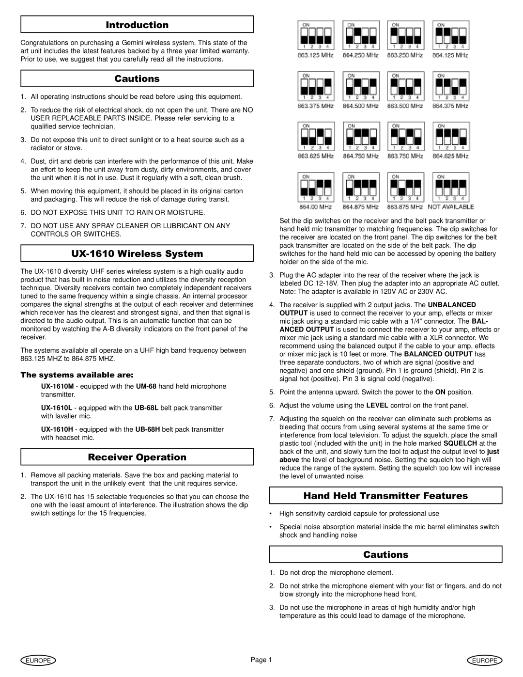 Gemini UX-1610 manual Europe 