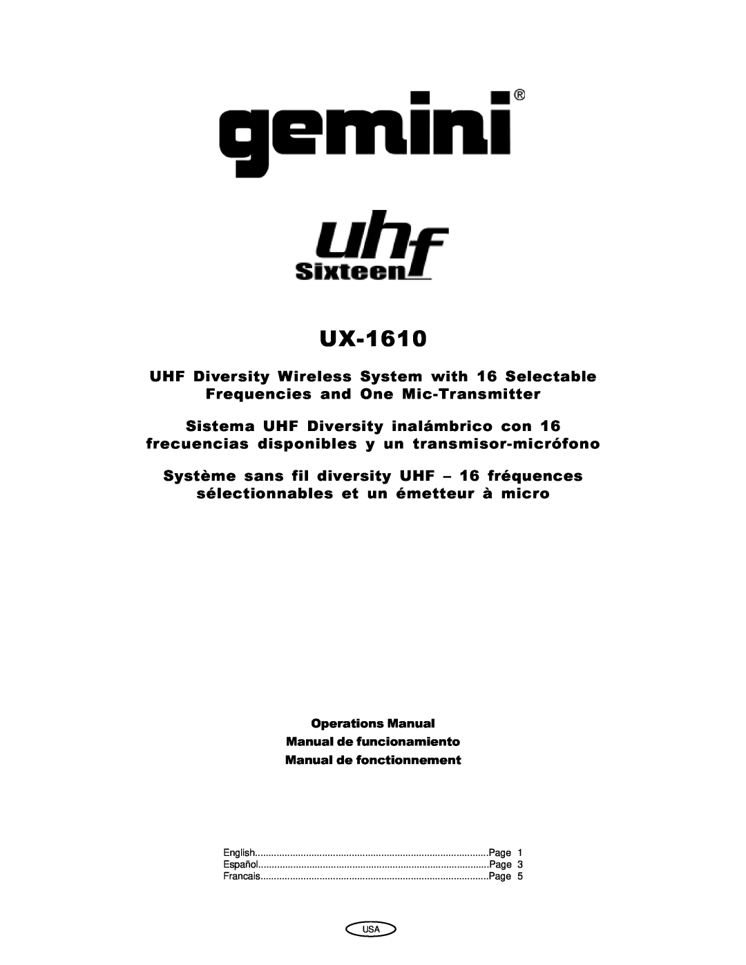 Gemini UX-1610 manual UHF Diversity Wireless System with 16 Selectable, Frequencies and One Mic-Transmitter, Francais 