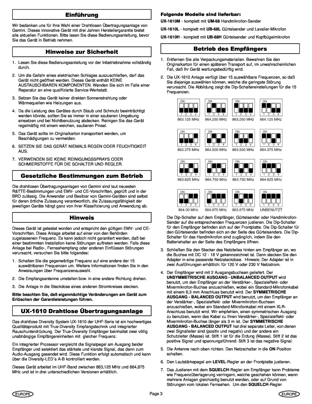 Gemini UX-1610 manual Einführung, Hinweise zur Sicherheit, Betrieb des Empfängers, Gesetzliche Bestimmungen zum Betrieb 