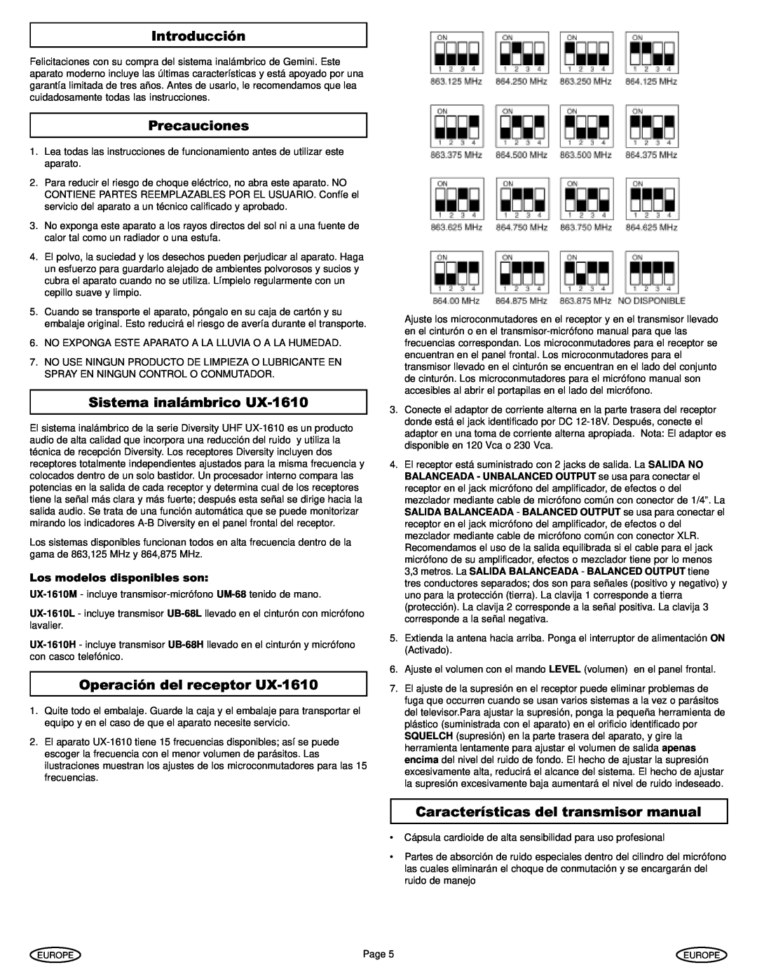Gemini manual Introducción, Precauciones, Sistema inalámbrico UX-1610, Operación del receptor UX-1610 