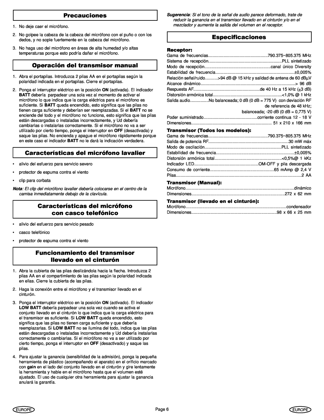 Gemini UX-1610 Precauciones, Operación del transmisor manual, Características del micrófono lavalier, Especificaciones 
