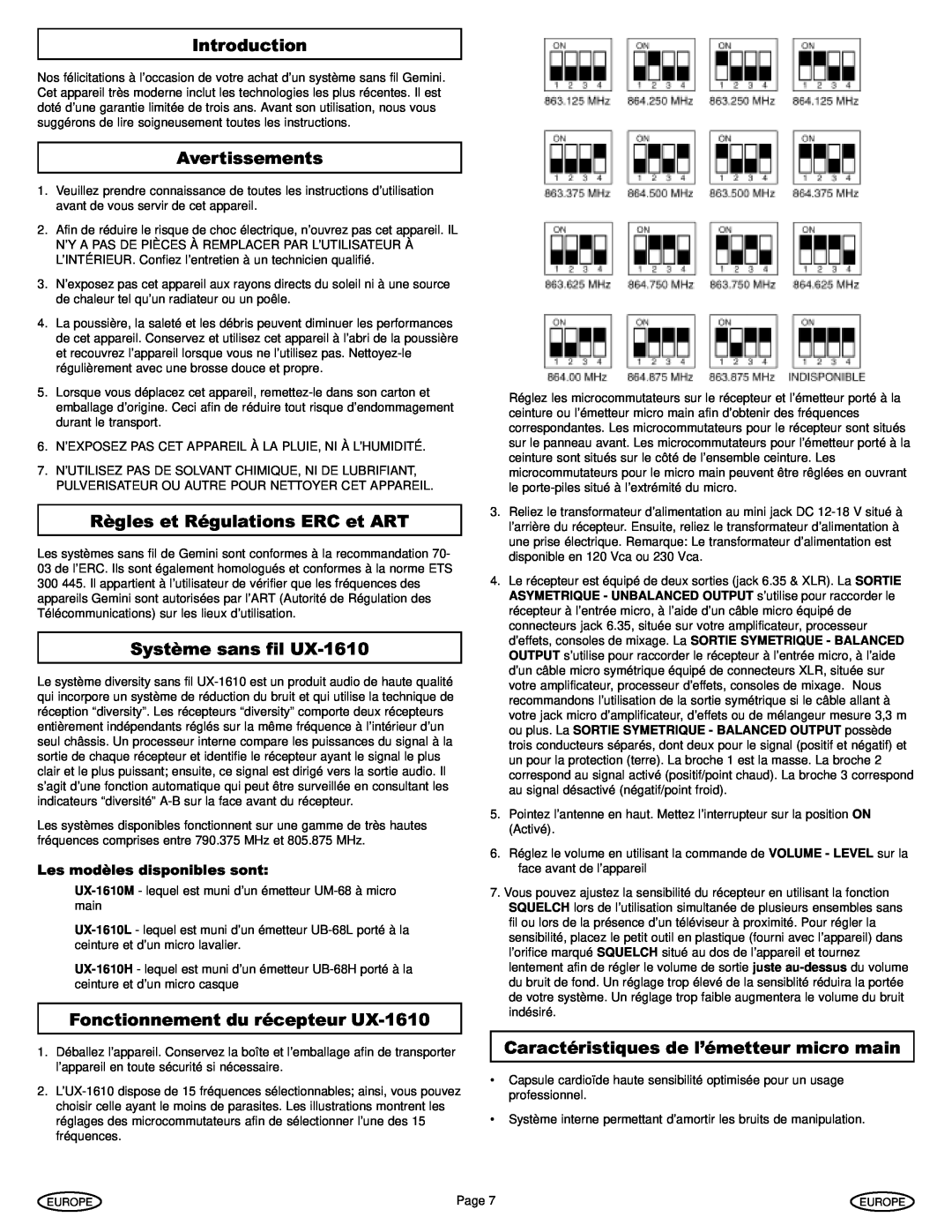 Gemini manual Règles et Régulations ERC et ART, Introduction, Avertissements, Système sans fil UX-1610 