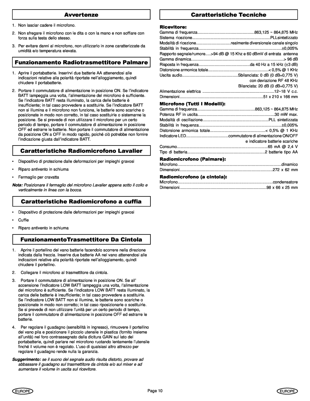 Gemini UX-1610 manual Avvertenze, Caratteristiche Tecniche, Funzionamento Radiotrasmettitore Palmare, Ricevitore 