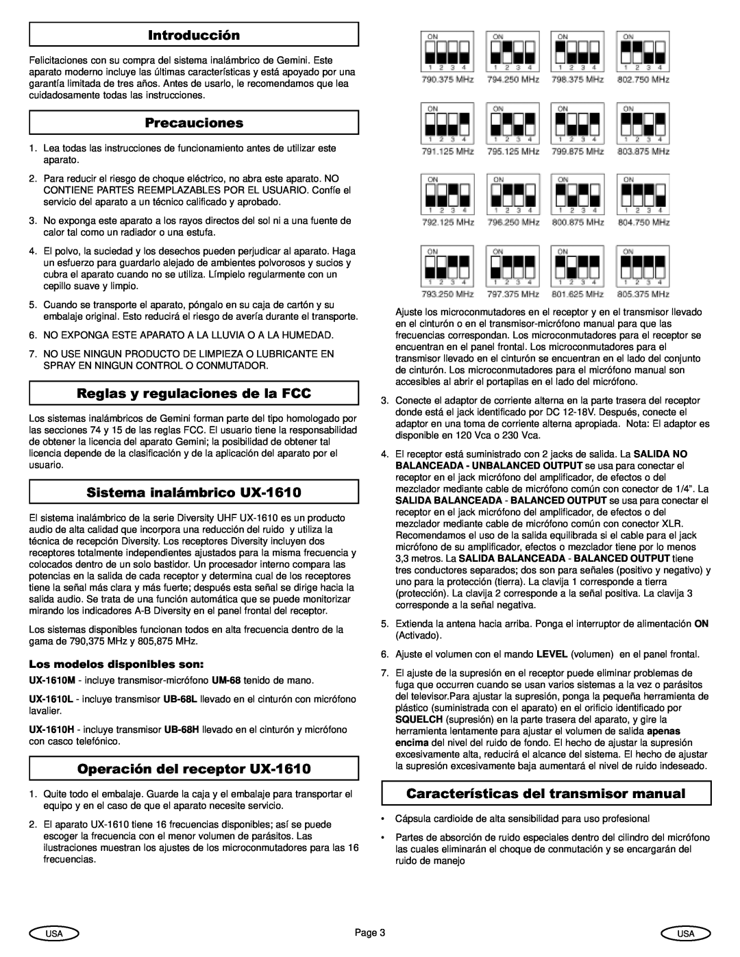Gemini manual Introducción, Precauciones, Reglas y regulaciones de la FCC, Sistema inalámbrico UX-1610 