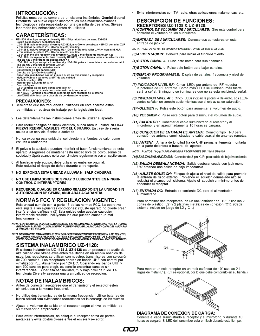 Gemini UZ-9128 manual Introducción, Características, Normas FCC Y Regulacion Vigente, Sistema Inalambrico UZ-1128 