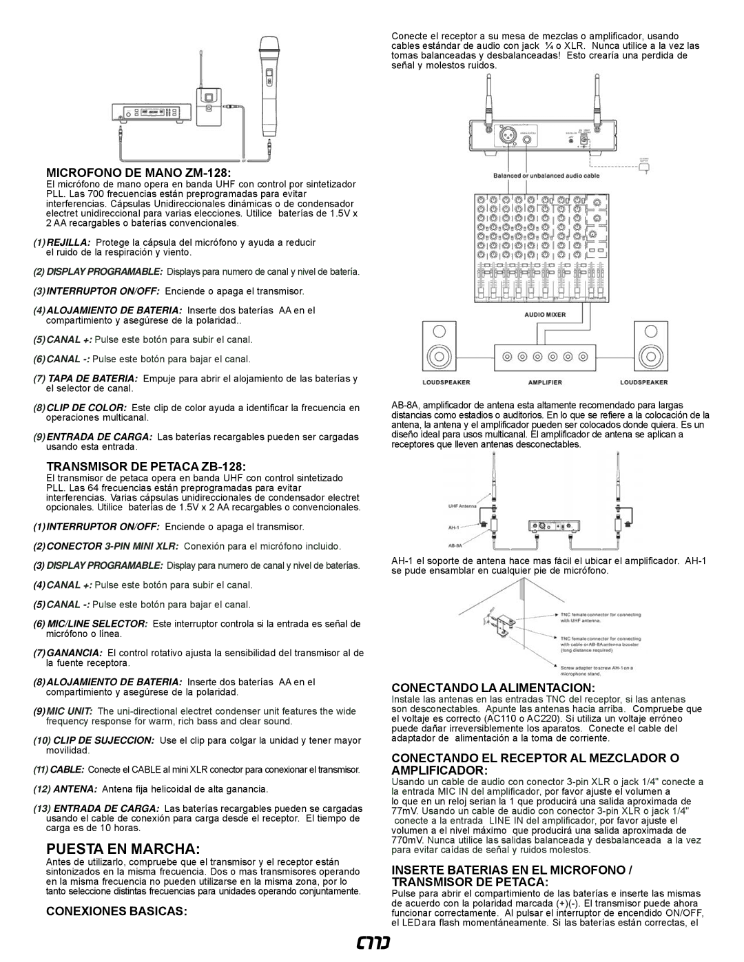 Gemini UZ-1128, UZ-9128 manual Puesta EN Marcha 