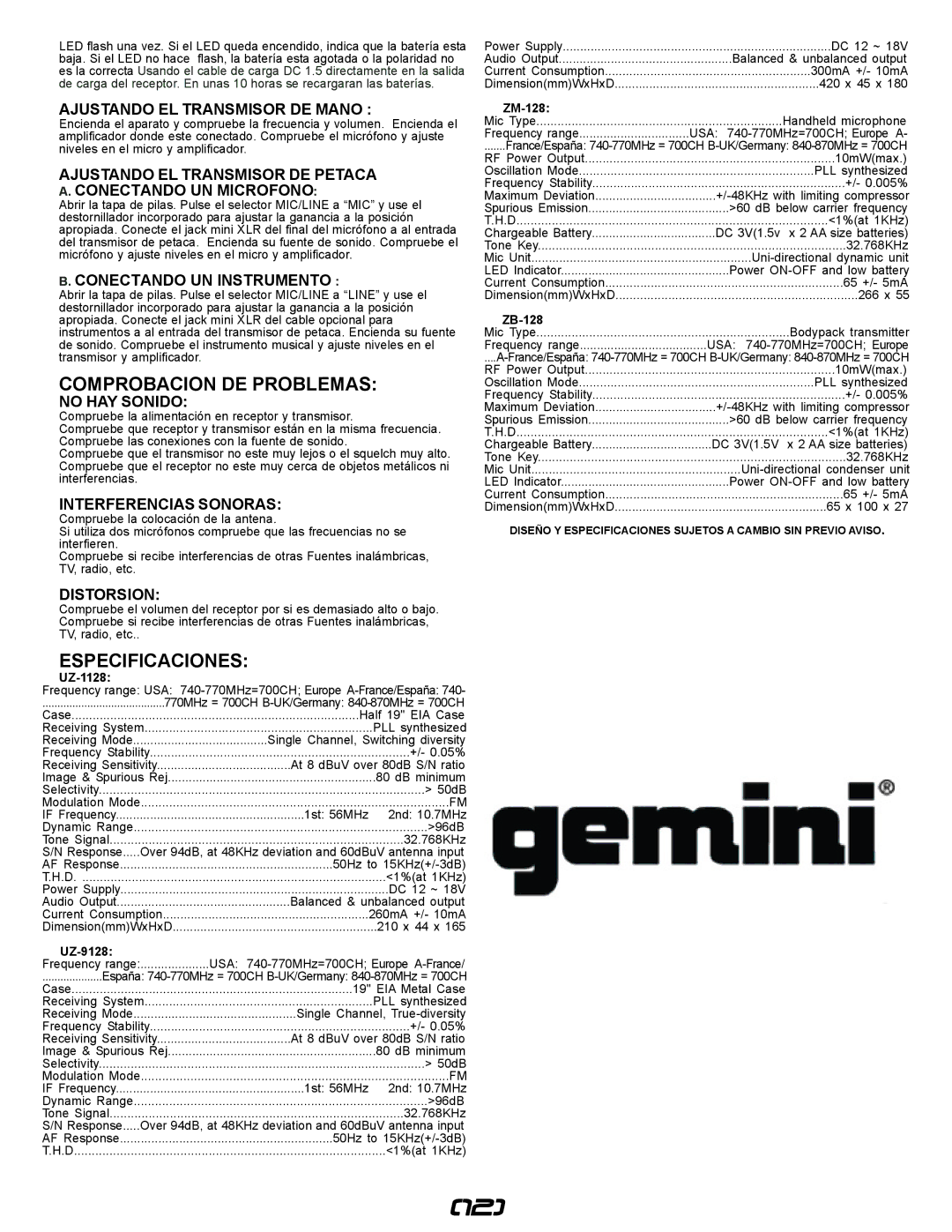 Gemini UZ-9128, UZ-1128 manual Comprobacion DE Problemas, Especificaciones 