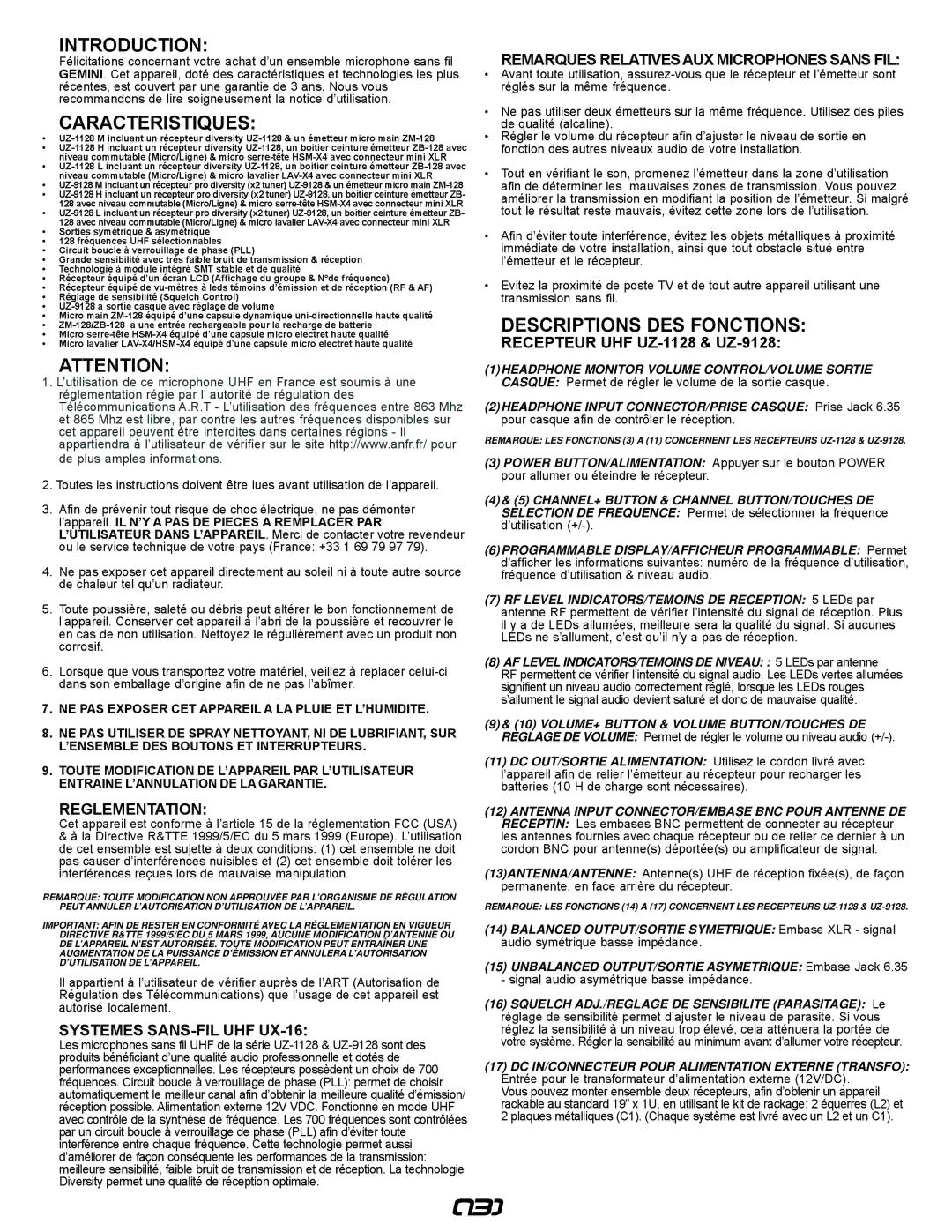 Gemini UZ-1128, UZ-9128 manual Caracteristiques, Descriptions DES Fonctions, Reglementation, Systemes SANS-FIL UHF UX-16 