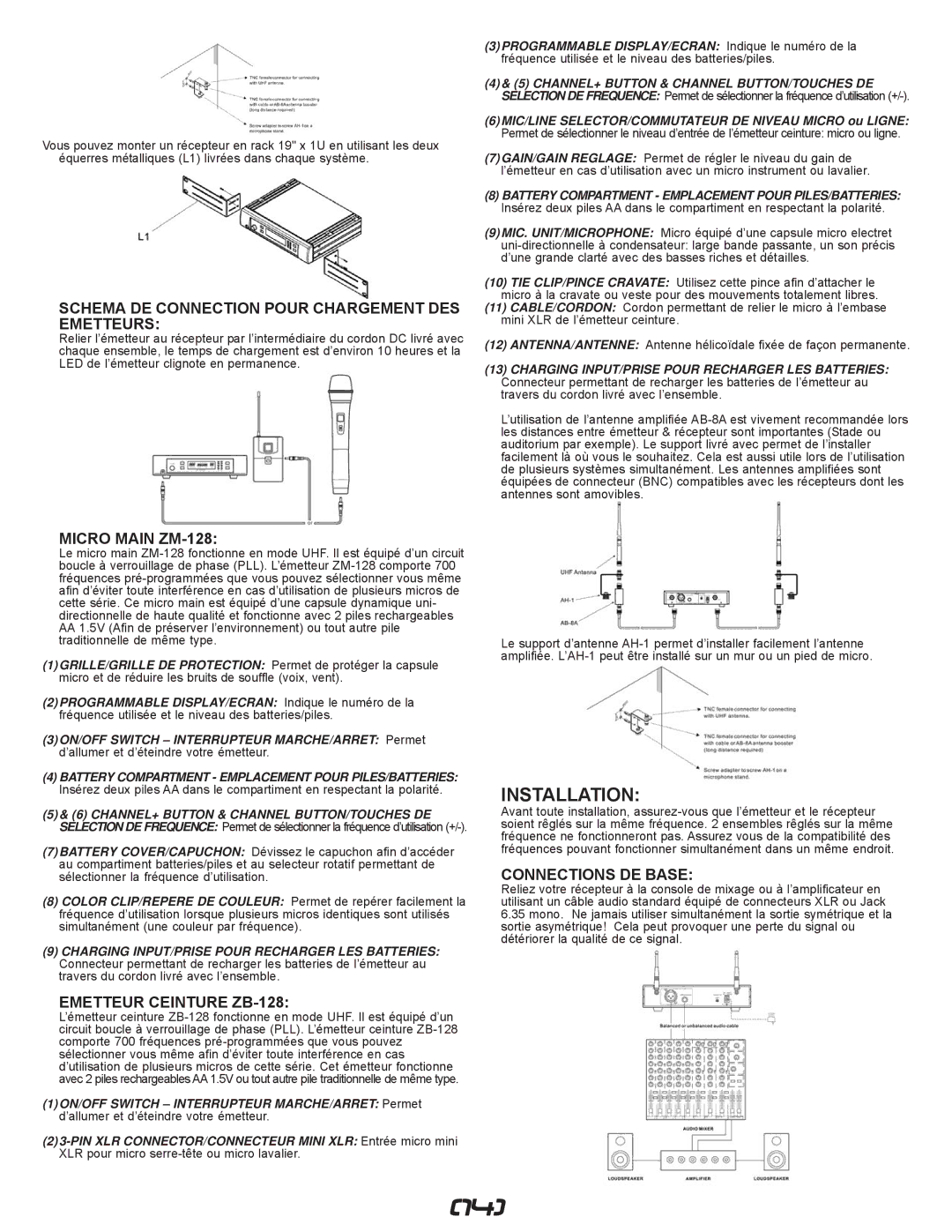 Gemini UZ-9128 Installation, Schema DE Connection Pour Chargement DES Emetteurs, Micro Main ZM-128, Connections DE Base 