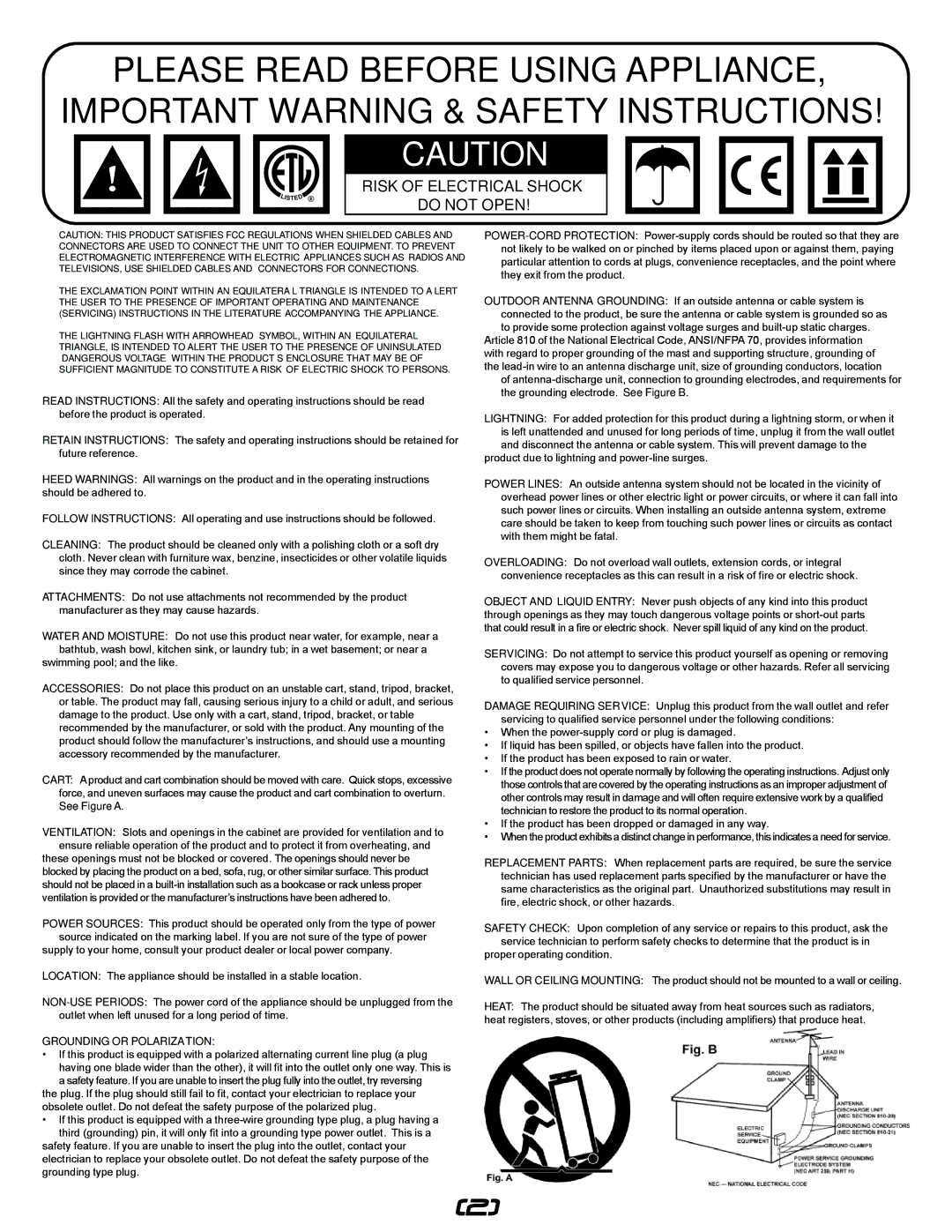 Gemini UZ-9128, UZ-1128 manual Risk of Electrical Shock Do not Open, See Figure a 