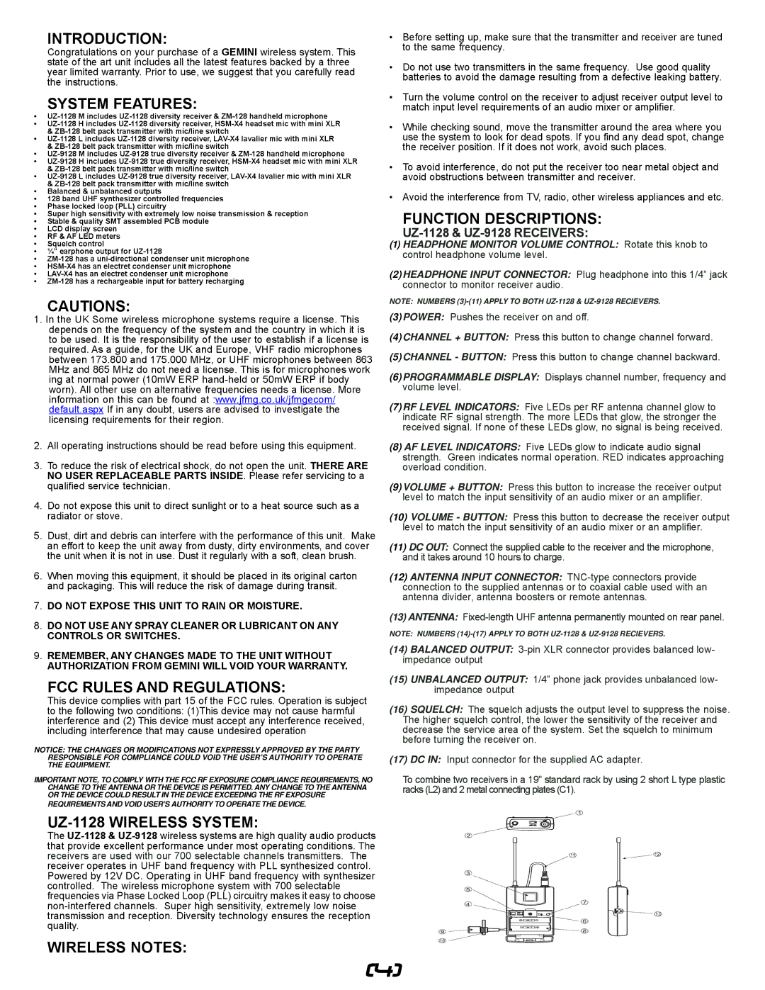 Gemini UZ-9128 manual Introduction, System Features, FCC Rules and Regulations, UZ-1128 Wireless System, Wireless Notes 