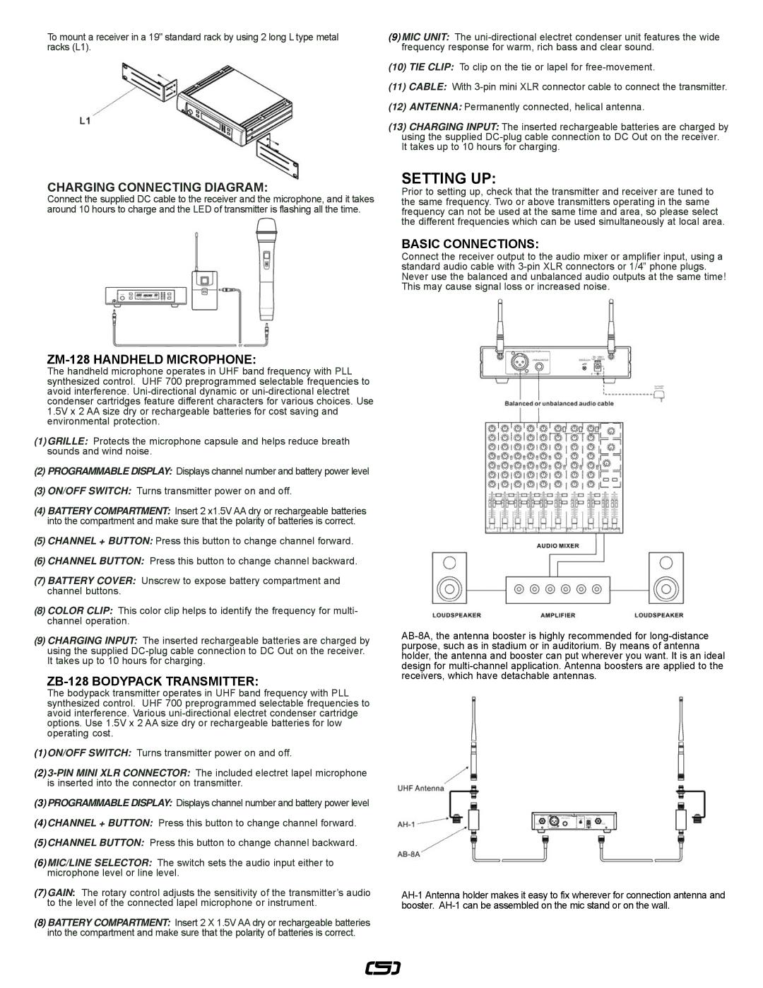 Gemini UZ-1128, UZ-9128 Setting UP, Charging Connecting Diagram, ZM-128 Handheld Microphone, ZB-128 Bodypack Transmitter 