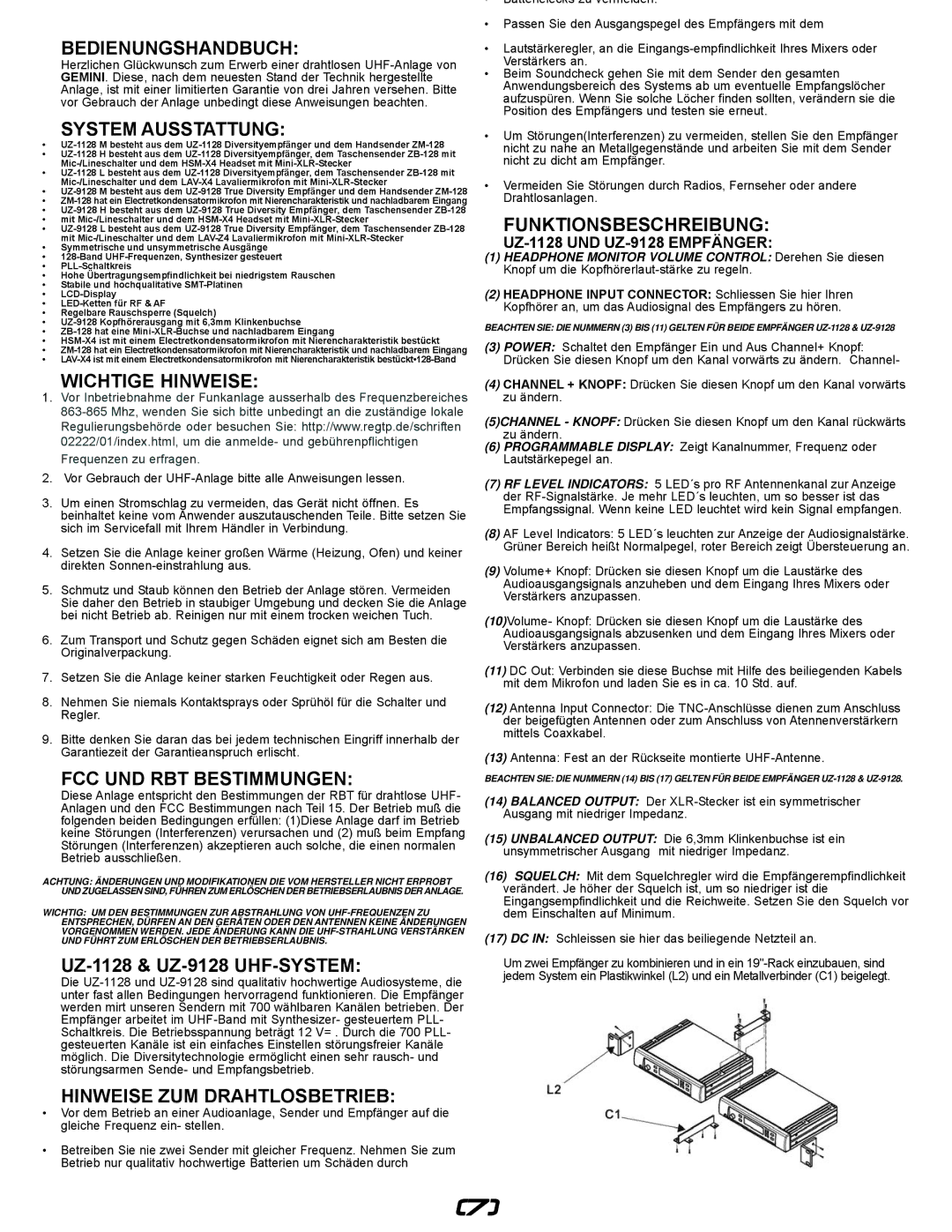 Gemini UZ-1128 Bedienungshandbuch, System Ausstattung, Wichtige Hinweise, FCC UND RBT Bestimmungen, Funktionsbeschreibung 