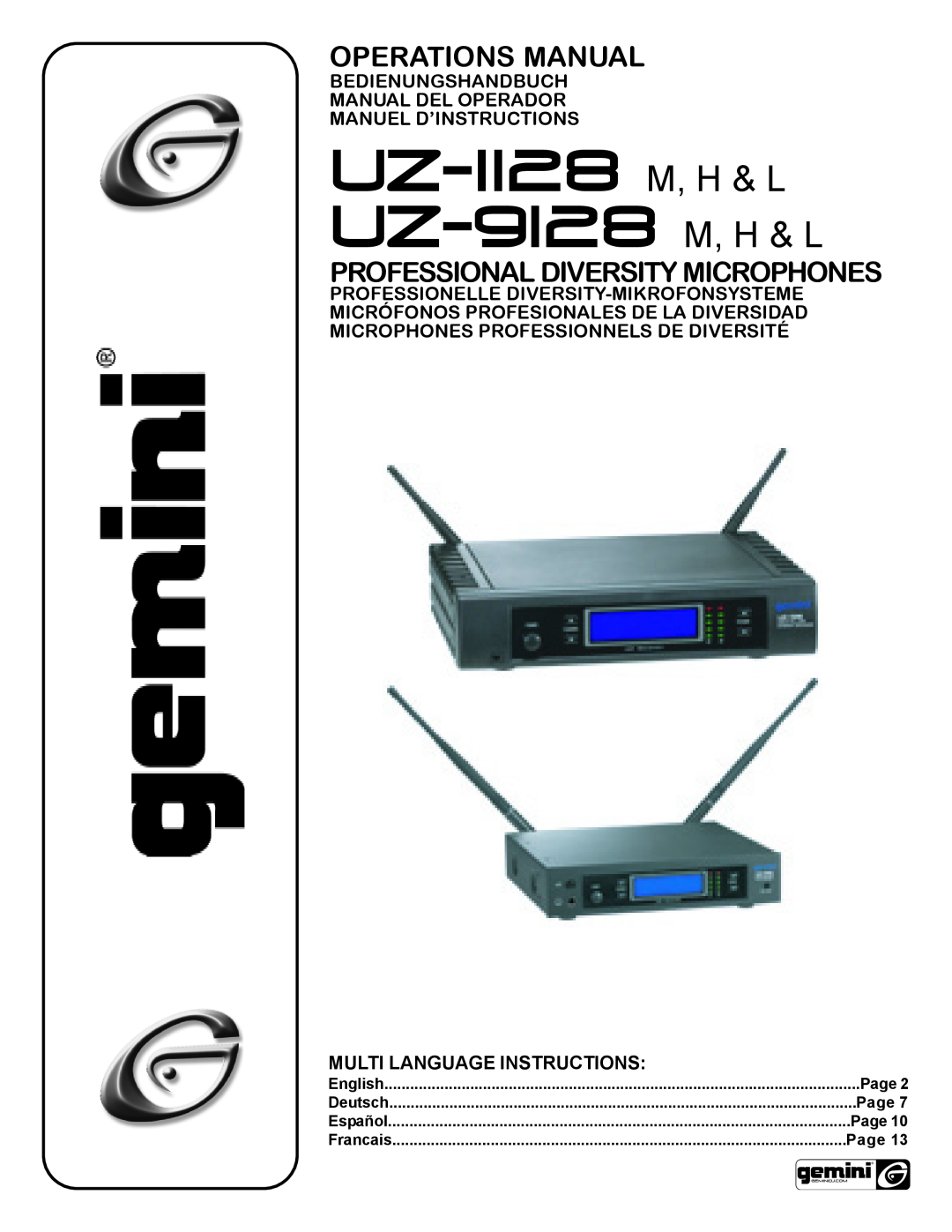 Gemini UZ-1128 manual UZ-II28 M, H & L UZ-9I28, Operations Manual, Professional Diversity Microphones, Page, English 