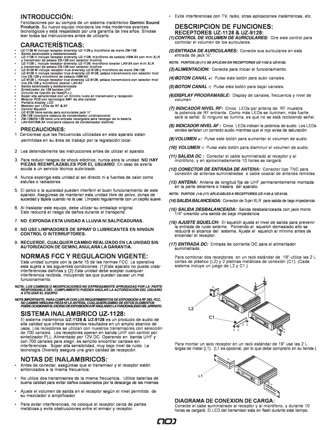 Gemini UZ-9128 Introducción, Características, Normas Fcc Y Regulacion Vigente, SISTEMA INALAMBRICO UZ-1128, Precauciones 