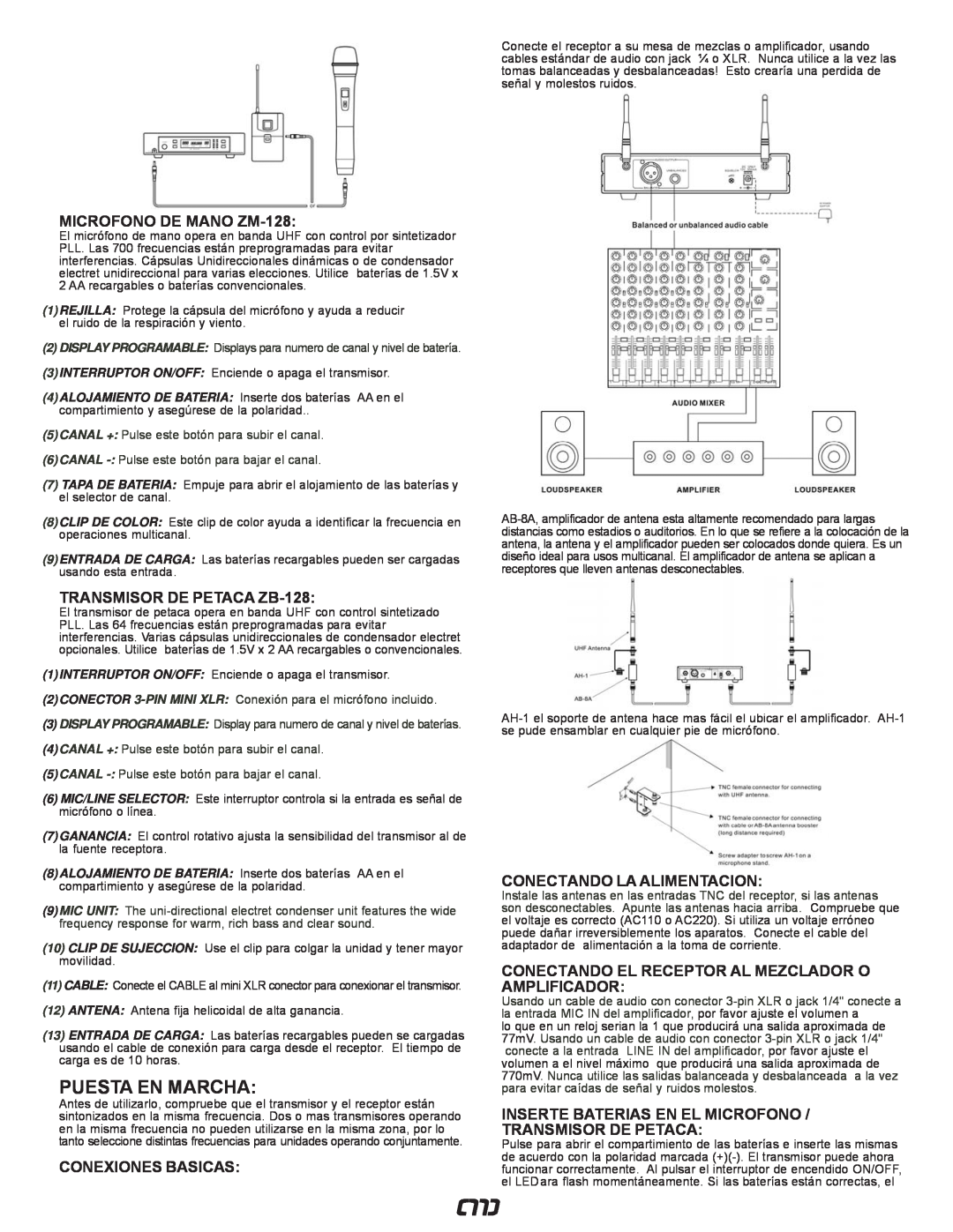 Gemini UZ-1128, UZ-9128 manual Puesta En Marcha, MICROFONO DE MANO ZM-128, TRANSMISOR DE PETACA ZB-128, Conexiones Basicas 