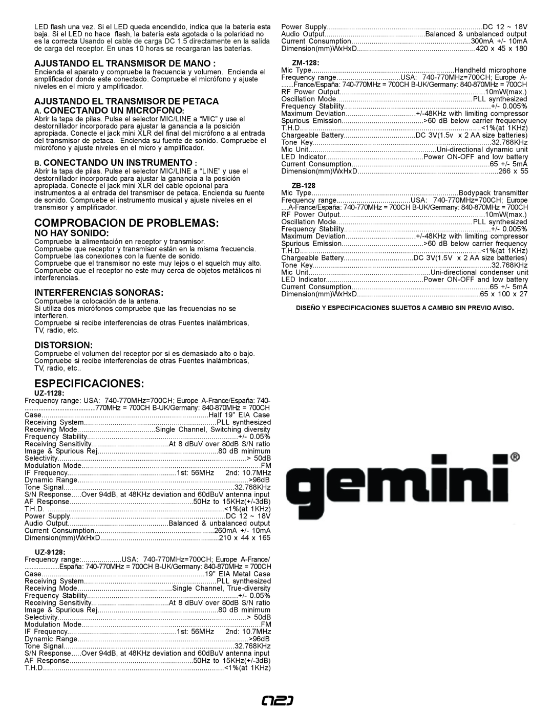 Gemini UZ-9128 Comprobacion De Problemas, Especificaciones, Ajustando El Transmisor De Mano, A. Conectando Un Microfono 