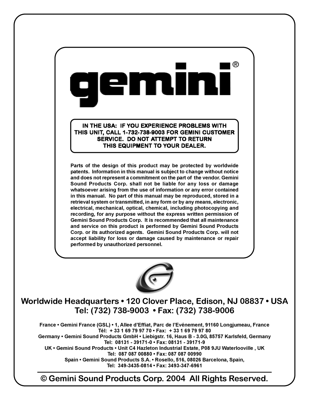 Gemini UZ-9128, UZ-1128 manual Tel 732 738-9003 Fax 